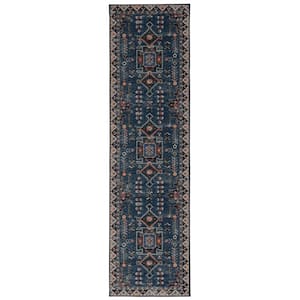 Washable Landon Teal and Ivory 2 ft. x 8 ft. Distressed Polyester Runner Rug