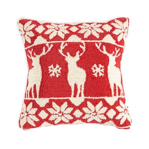 18 in. x 18 in. Reindeer Indoor/Outdoor Hooked Polypropylene Throw Pillow