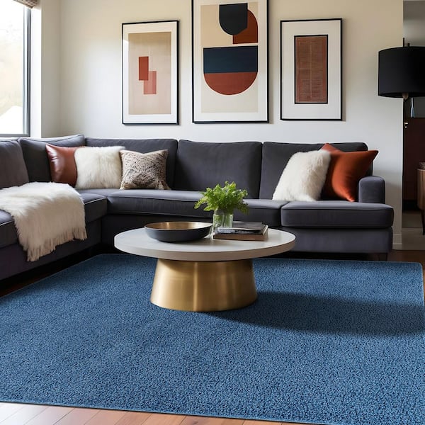Silky 3 ft. x 5 ft. Blue Solid Plus Thick Pile Non Slip Easy Clean Non Shedding Modern Indoor Area Rug