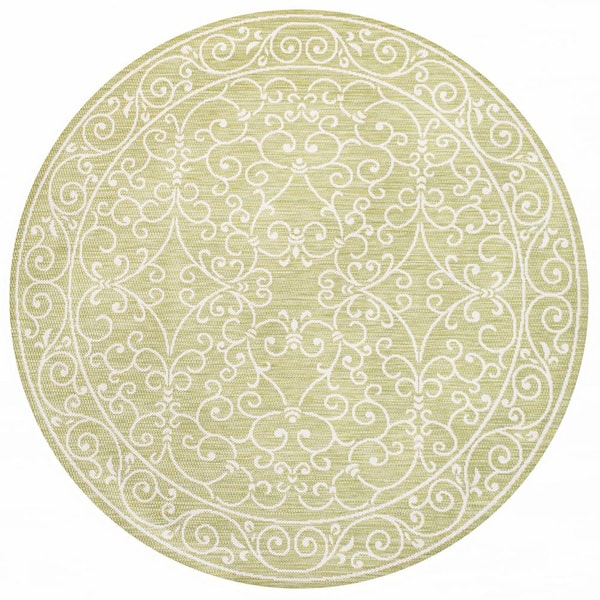 Charleston Vintage Filigree Textured Weave Green/Cream 5 ft. Round Indoor/Outdoor Area Rug
