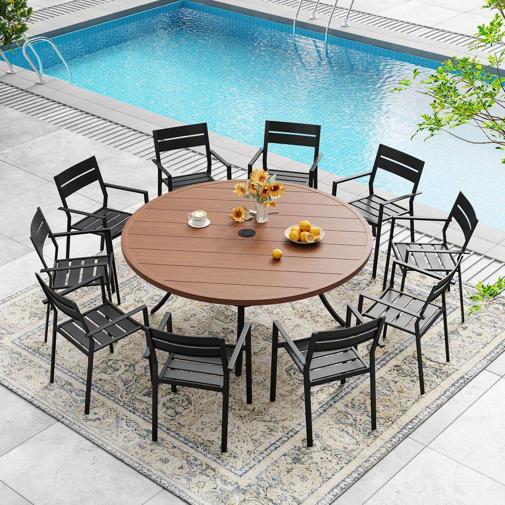 11-Piece Metal Outdoor Patio Dining Set with 60 in. Walnut Round Slatted Table and 10 Black Stackable Dining Chairs price history on PriceWatchPro