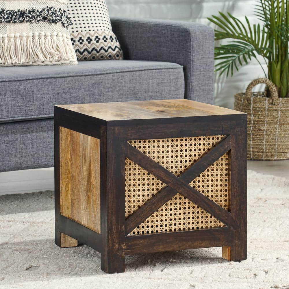 Handcrafted Mango Wood and Cane Wicker Ottoman Stool, Natural and Walnut