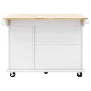 White Rubberwood Kitchen Cart with Drop Leaf, Internal Storage Rack, and 2 Drawers