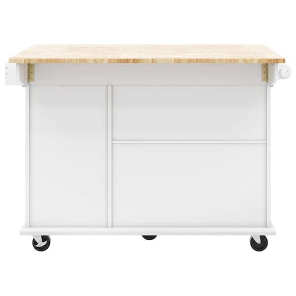 JimsMaison White Rubberwood Kitchen Cart with Drop Leaf, Internal Storage Rack, and 2 Drawers