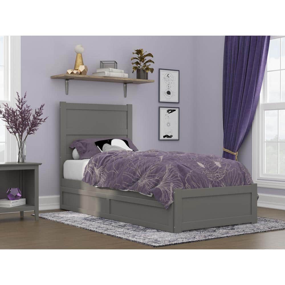 Gray Twin XL Wood Platform Bed with Trundle and Headboard