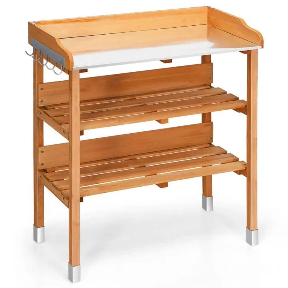 Natural Fir Wood Potting Bench with Galvanized Steel Top