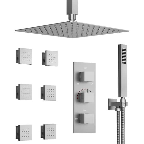 GRANDJOY Anti Scald Shower Trims and Valve 5-Spray Ceiling Mount 12 in. Fixed and Handheld Shower Head 2.5 GPM in Brushed Nickel