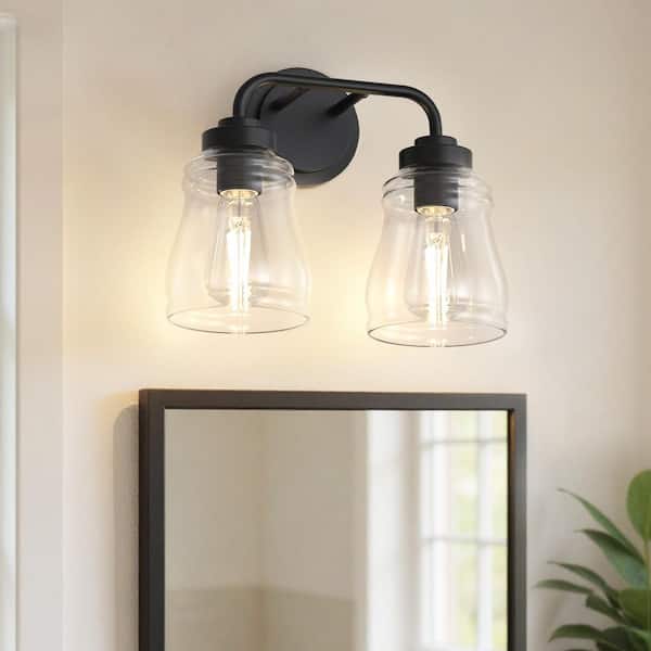 13 in. 2-Light Matte Black Vanity Light with Stepped Curved Arm and Glass Shade for Bathroom