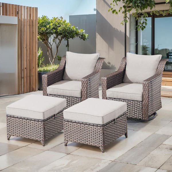 SlideArm 4-Piece Brown Wicker Outdoor Rocking Chair Patio Swivel Gliders with Beige Cushions and Ottomans