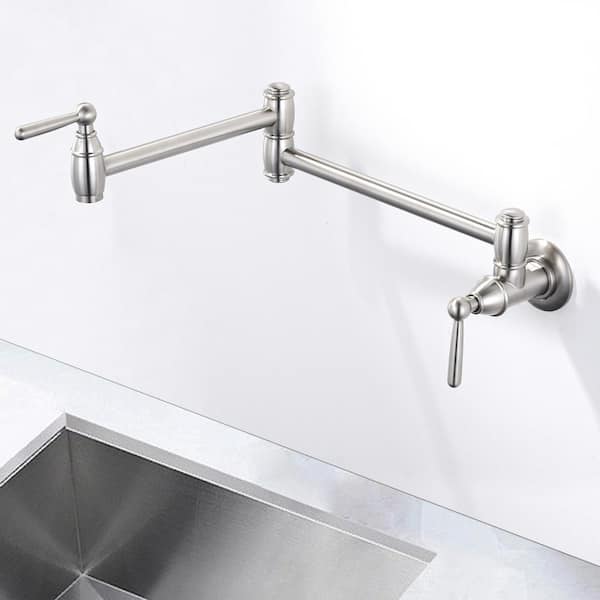 Brass Wall Mount Pot Filler with Brass Valve, 2-Handles, Double Joint Swing Arms and 2-Aerators in Brushed Nickel