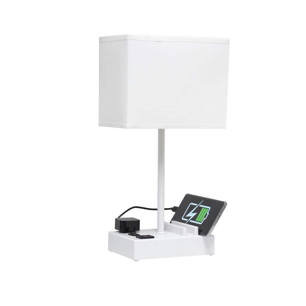White Rectangular Nightstand Lamp with USB Ports and Charging Outlet
