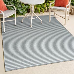 Aarhus High-Low Minimalist Scandi Striped Blue/Ivory 8 ft. x 10 ft. Indoor/Outdoor Area Rug