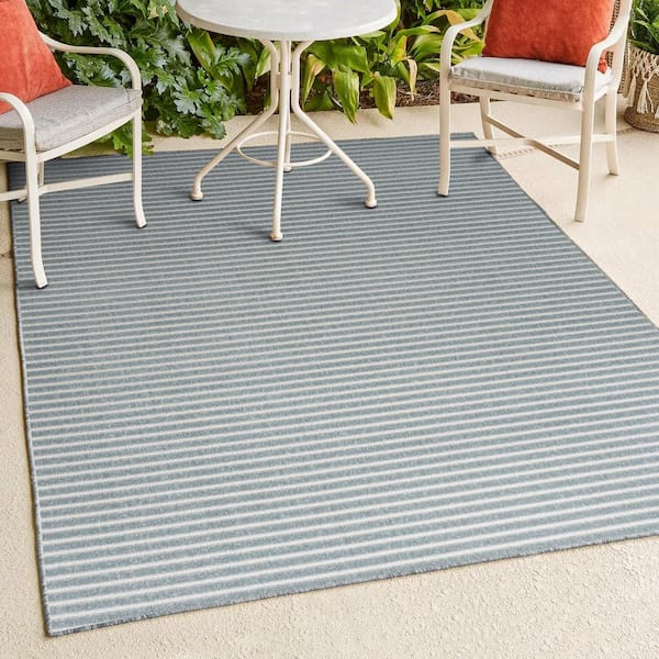 JONATHAN Y Aarhus High-Low Minimalist Scandi Striped Blue/Ivory 8 ft. x 10 ft. Indoor/Outdoor Area Rug