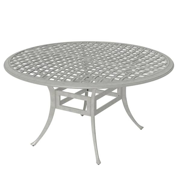 53 in. W Round Gray Cast Aluminum Grid Style Tabletop Outdoor Patio Dining Table with 2.1 in. Umbrella Hole