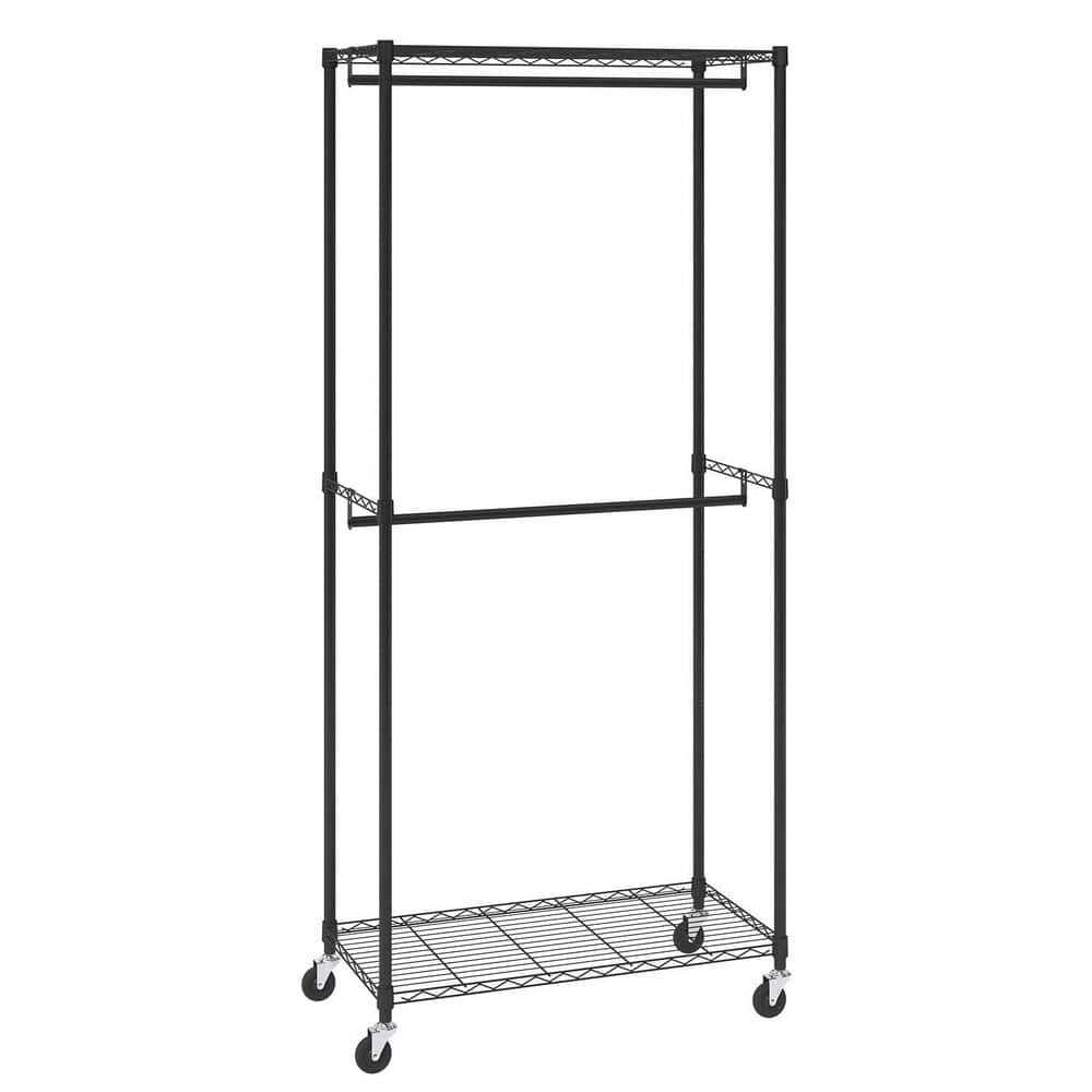 Heavy Duty Black Clothes Rack, Double Hanging Rods Coat Rack with Bottom and Top Storage Tier, Rolling Clothing Rack
