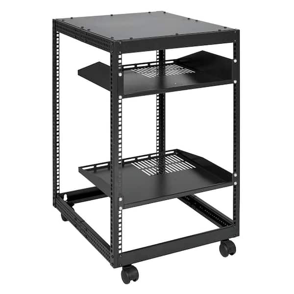 15U Open Frame Steel Server Cabinet Wall-Mountable Depth 17.3 x 15.7 x 0.05 in. Household Shelving Unit 2-Tier(Black)