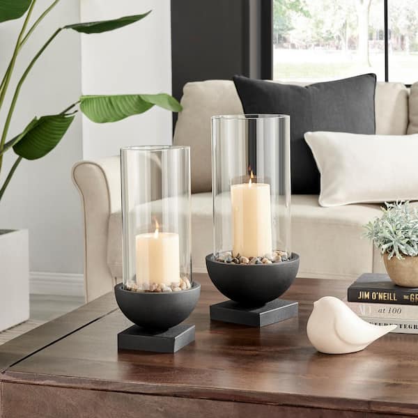 DANYA B Modern Black Metal Bold Pedestal and Glass Pillar Votive Candle Holder - Small SE3267