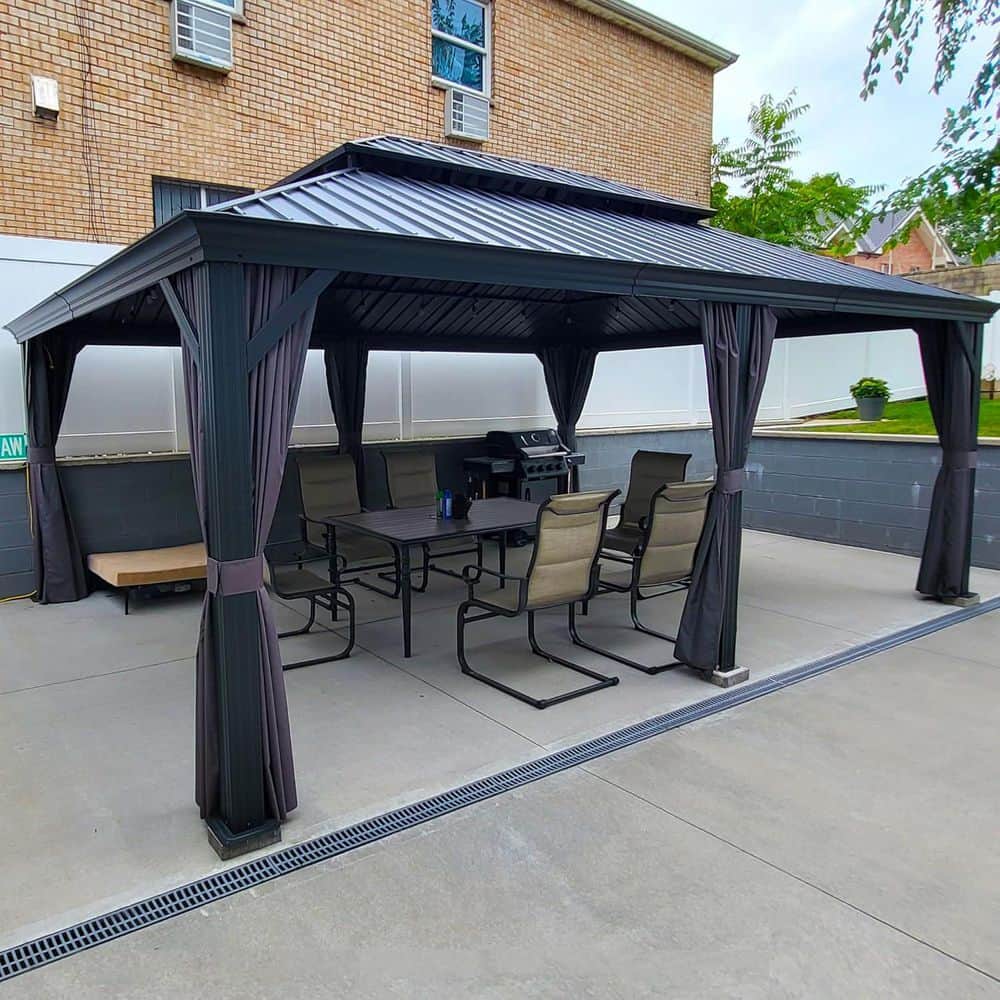 13 ft. x 20 ft. Gray Aluminum Power-Coated Frame Galvanized Steel Double Roof Hardtop Gazebo,Hooks, Netting,Gray Curtain price history on PriceWatchPro