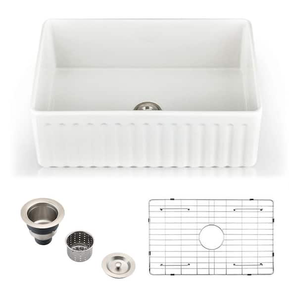 ᐅ【WOODBRIDGE 33 X 18 White Fireclay Single Bowl Farmhouse Apron Front  Kitchen Sink with Strainers and Sink Protector Grid-WOODBRIDGE】