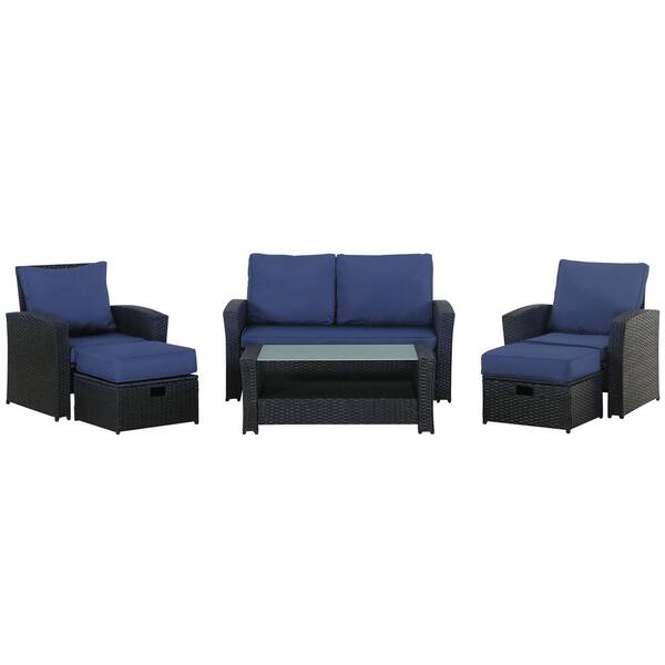 Zeus & Ruta Black 6-Piece Wicker Metal Patio Conversation Set with Blue Cushions and Coffee Table