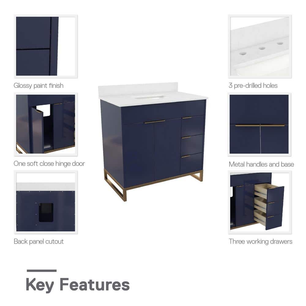 Leona 36" Navy and Gold Metal Bathroom Vanity