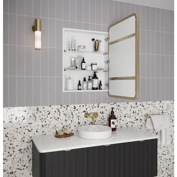Glass Warehouse Calla 22 in. W x 32 in. H x 5 in. D Recessed Medicine Cabinet in Satin Brass with Mirror