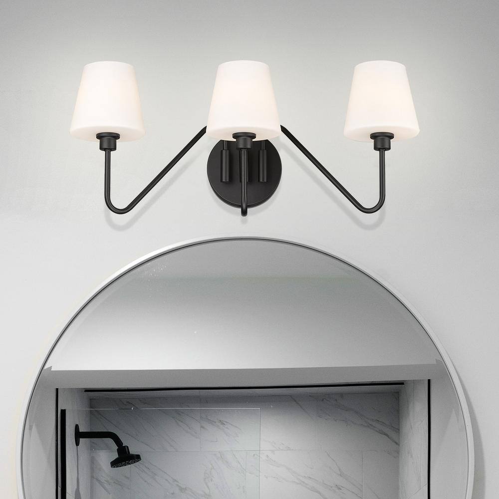 Kennedy Black Dimmable 3-Light Bath Vanity with Opal Glass Shades