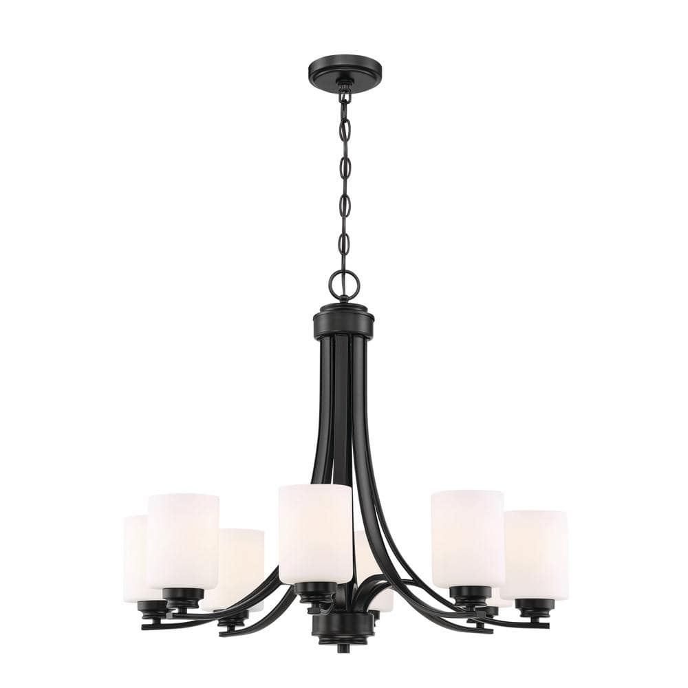 Flat Black Transitional 8-Light Chandelier with White Cylinder Shades