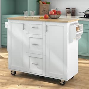 Rolling White Rubberwood Tabletop 50 in. Kitchen Island with Slide-Out Shelf and Internal Storage Rack