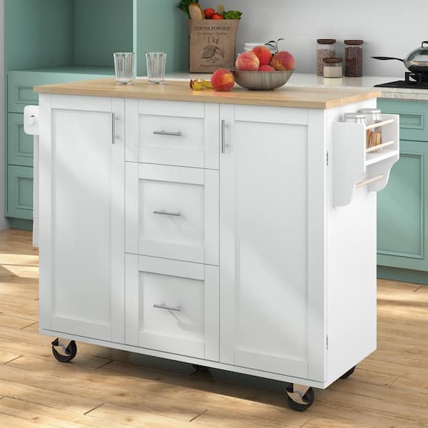 FAMYYT Rolling White Rubberwood Tabletop 50 in. Kitchen Island with ...