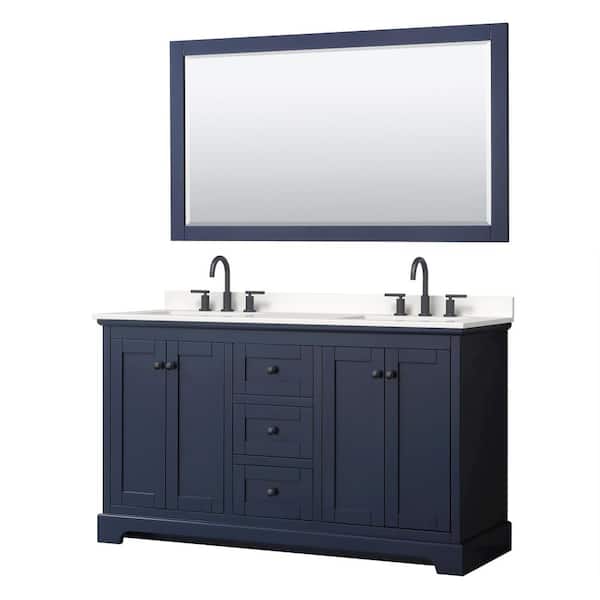 Wyndham Collection Avery 60 in. W x 22 in. D x 35 in. H Double Bath Vanity in Dark Blue with White Quartz Top and 58 in. Mirror