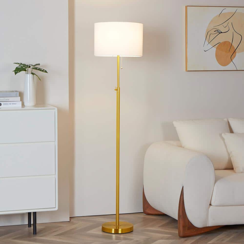 Antique Brass Adjustable Height Floor Lamp with White Shade