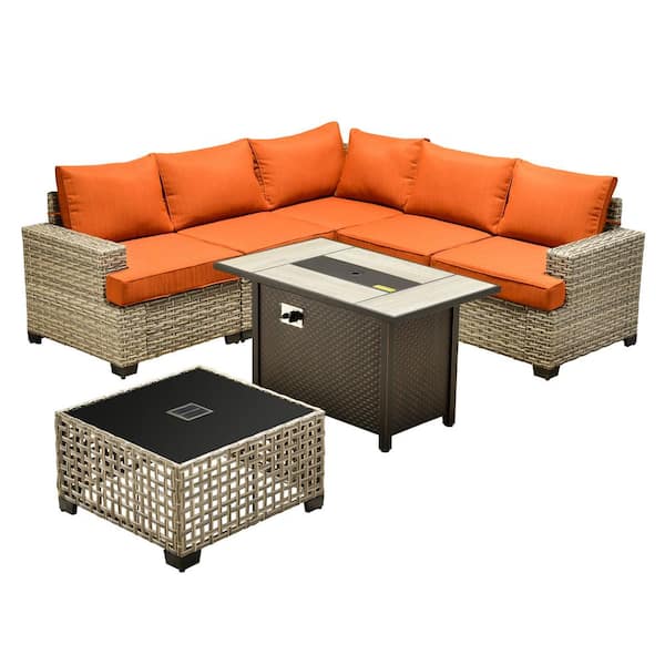 Kelleys 7-Piece Wicker Outdoor Patio Conversation Sofa Sectional Set with a Fire Pit and Orange Red Cushions