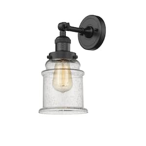 Canton 6.5 in. 1-Light Matte Black Wall Sconce with Seedy Glass Shade
