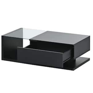 Black Modern 2-Tier Coffee Table Rectangle Cocktail Table with Silver Metal Legs, High-gloss UV Surface for Living Room