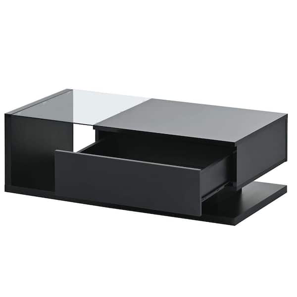 Zeus & Ruta Black Modern 2-Tier Coffee Table Rectangle Cocktail Table with Silver Metal Legs, High-gloss UV Surface for Living Room