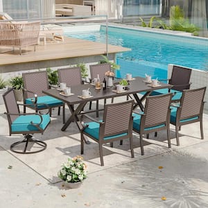 9-Piece Metal Outdoor Dining Set with Rattan Woven Backrest, Swivel Rocking Chairs, an Umbrella Hole and Blue Cushion
