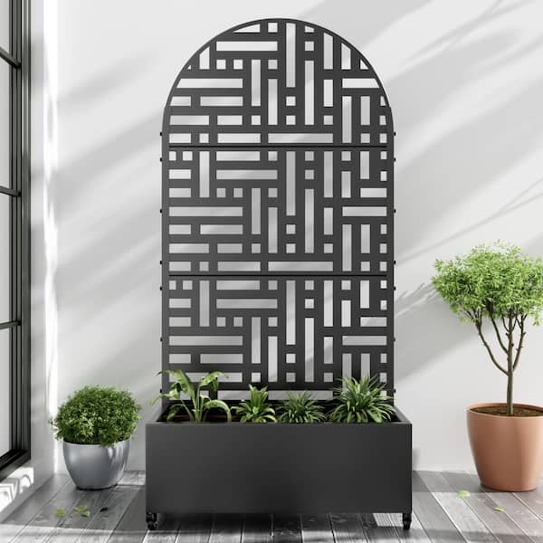 Lirago 72 in. x 35 in. Arched-Top Black Outdoor Metal Privacy Screen Raised Planter Box Wall Decor