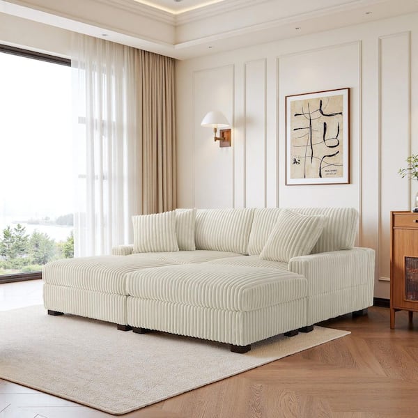 83.44 in. W Modern Square Arm 4-Piece Faux Rabbit Fur Fabric Rectangle Modular Sectional Sofa in White