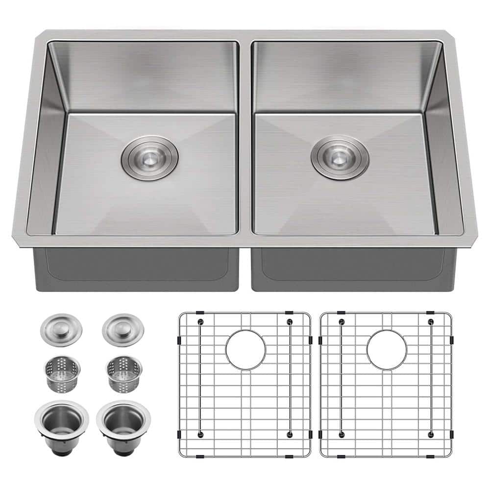 32 in. Drop-In/Undermount Double Bowl 16 Gauge Brushed Nickel Premium T304 