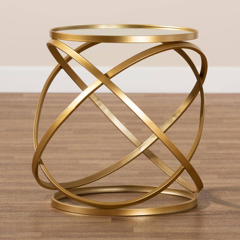 Gold Finished Metal and Mirrored Glass Round End Table