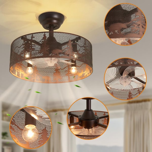 17.7 in. Bronze Metal Downrod Mount Ceiling Fan with Light, Wildlife Rustic Forest Fandelier with ABS Blades and Remote