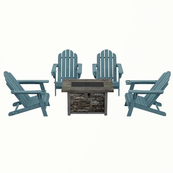 Clihome 5-Piece Set Outdoor Adirondack HDPE Material Plastic Teal Chair with 43.5 in. Composite Material Patio Fire Pit Table