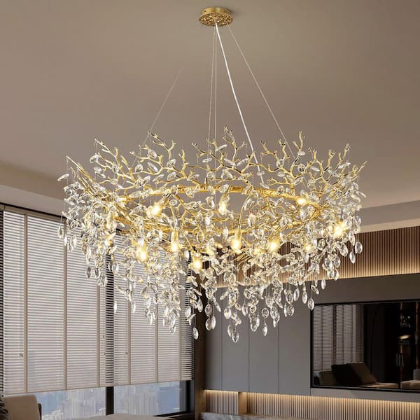 PUYRNF 16-Light 47.2 in. Dimmable Tree Branches Crystal Circle Chandelier, Gold Kitchen Island Chandelier for Living Room