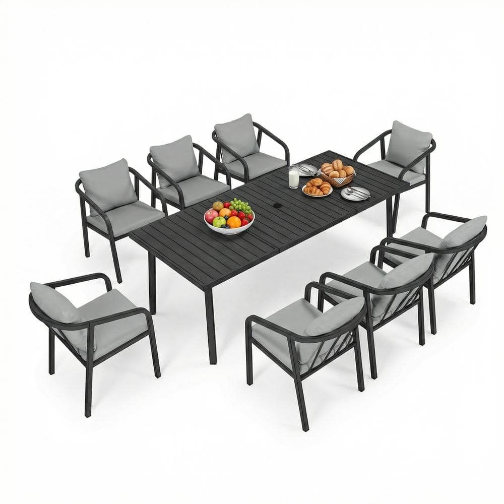 9-Piece Aluminum Outdoor Dining Set with Gray Cushioned Dining Chairs and Rectangular Patio Table, Black