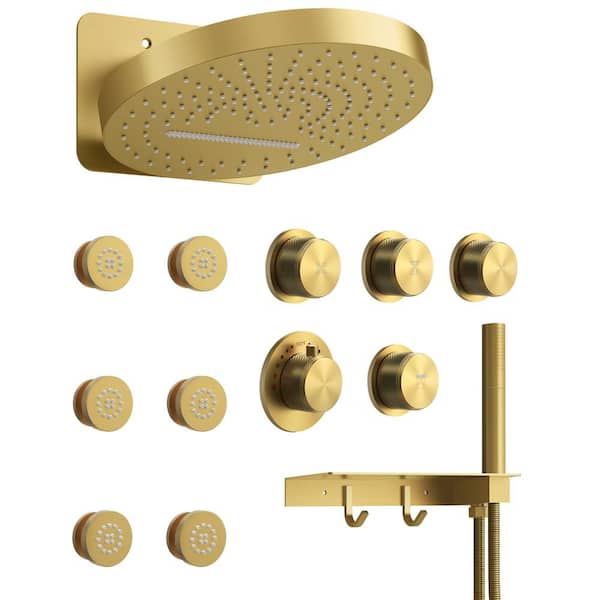 EVERSTEIN 15-Spray Patterns 12.6 in. Dual Shower Head Wall Mount Fixed and Handheld Shower Head in Brushed Gold