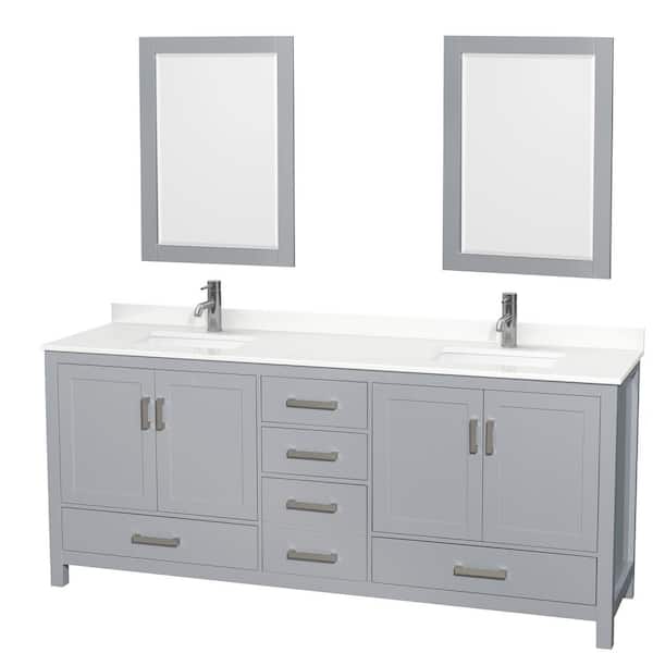 Wyndham Collection Sheffield 80 in. W x 22 in. D x 35 in. H Double Bath Vanity in Gray with White Quartz Top and 24 in. Mirrors