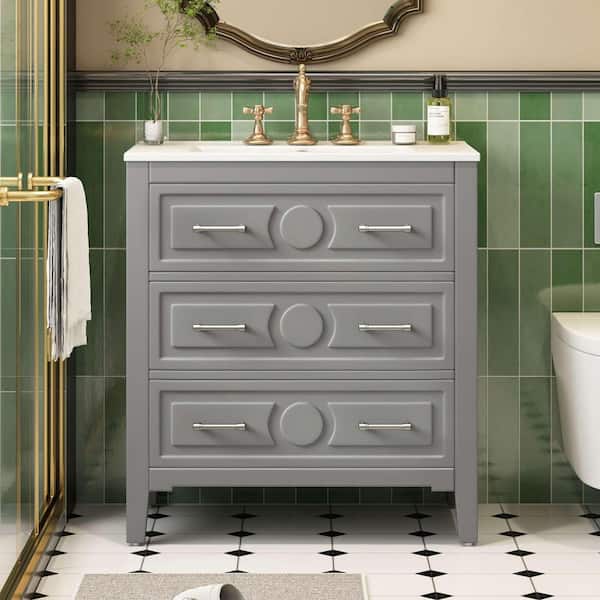 30 in. Freestanding Gray Bath Vanity with White Ceramic Top, 3-Drawers and Solid Wood Frame