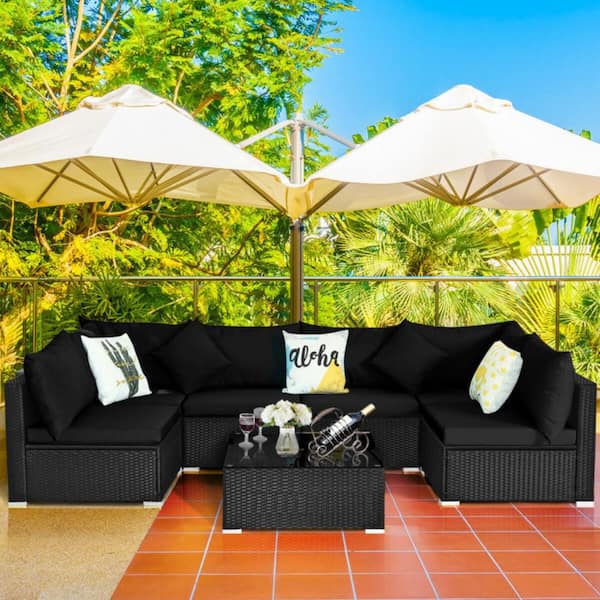 Kadehome 7-Piece Black Wicker Outdoor Sectional Set with Black and White Cushions