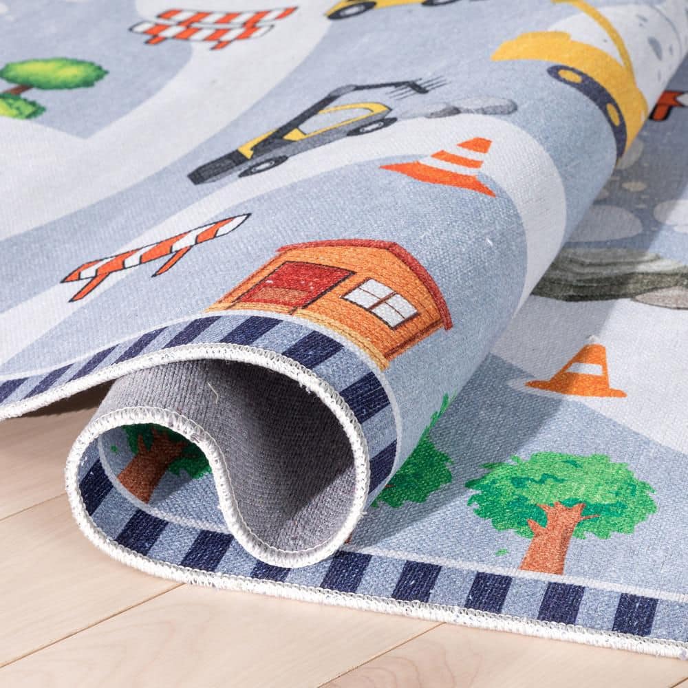 Gray Synthetic Chenille Kids Construction Playmat Rug 5' x 7'